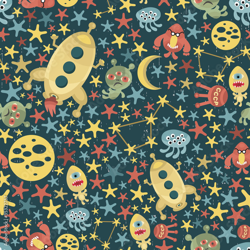 Vector: Space and aliens seamless pattern. Vector texture. Space and aliens seamless pattern. Vector texture.