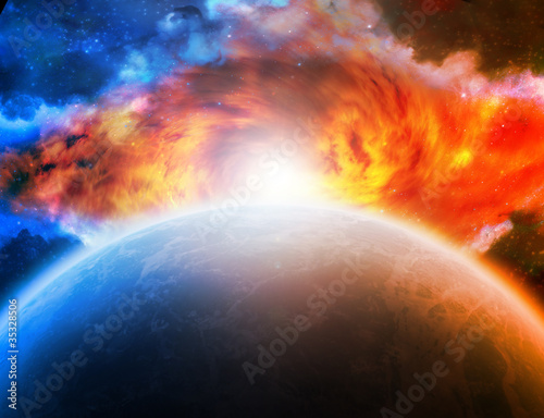 Illustration: Sunrise over the Planet Earth and nebula Sunrise over the Planet Earth and nebula
