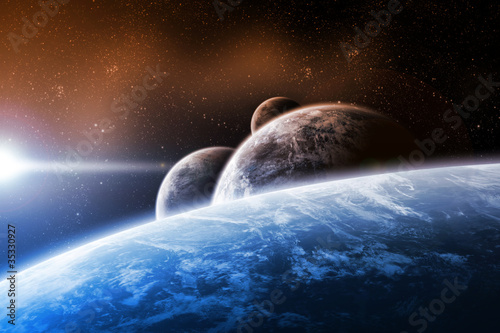Illustration: Space design with planets and sunrise Space design with planets and sunrise