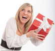 Thrilled pretty blond with present