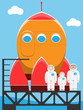 rocket and astronaut family in spaceport