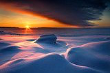 Snowy seascape with dark cloud and rising sun - Fine Art prints