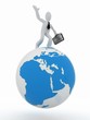 3D man with a suitcase on top of the globe 3D man with a suitcase on top of the globe