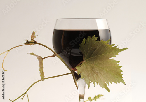 Photo: ein Glas Rotwein mit Weinlaub ein Glas Rotwein mit Weinlaub