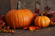Harvested pumpkins on wood table Harvested pumpkins on wood table