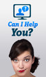 Young girl looking at support contact type of icons and signs Young girl looking at support contact type of icons and signs