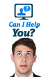 Young head looking at support contact type of icons and signs