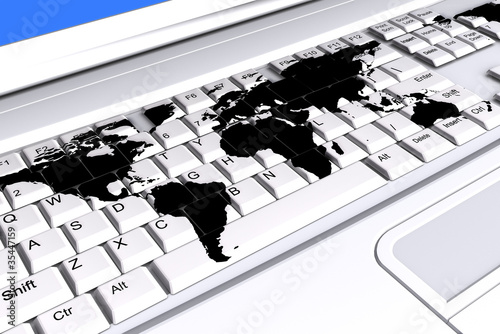 Illustration: Laptop keyboard with a world map on the keys Laptop keyboard with a world map on the keys