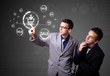 Businessman pressing virtual promotion and shipping type of icon