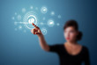 Businesswoman pressing modern social type of icons Businesswoman pressing modern social type of icons