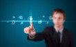 Businessman pressing modern social type of icons Businessman pressing modern social type of icons