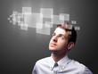 Businessman pressing high tech type of modern buttons Businessman pressing high tech type of modern buttons