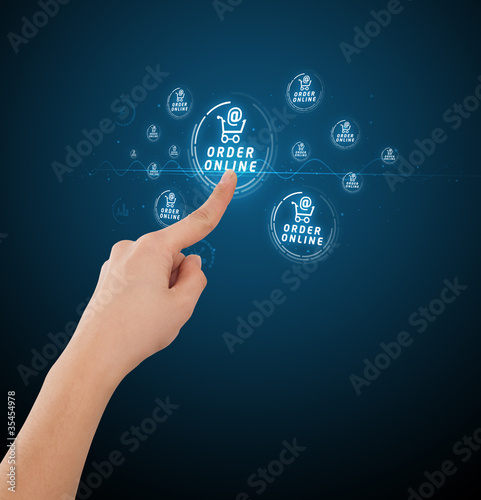 Photo: Businessman pressing virtual promotion and shipping type of icon Businessman pressing virtual promotion and shipping type of icon