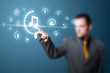 Businessman pressing virtual media type of buttons Businessman pressing virtual media type of buttons