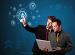 Businessman pressing virtual promotion and shipping type of icon