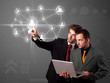 Businessman pressing modern social type of icons