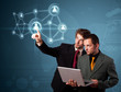 Businessman pressing modern social type of icons