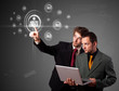 Businessman pressing modern social type of icons