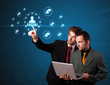 Businessman pressing modern social type of icons