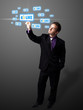 Businessman pressing modern social type of icons