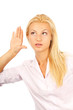 Young businesswoman listening rumors