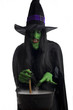 Evil witch stirring her misty cauldron, white background.