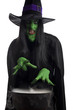 Witch casting spells over cauldron, white background.