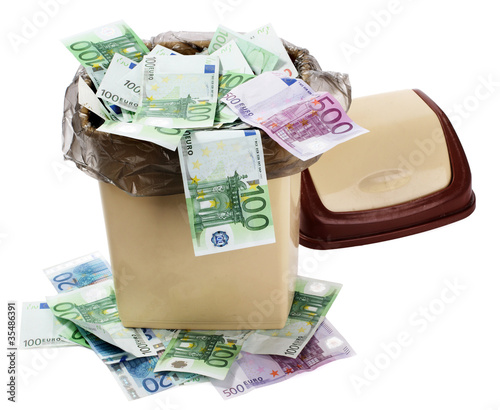 Photo: Money euro in bin. Currency collapse. Money euro in bin. Currency collapse.
