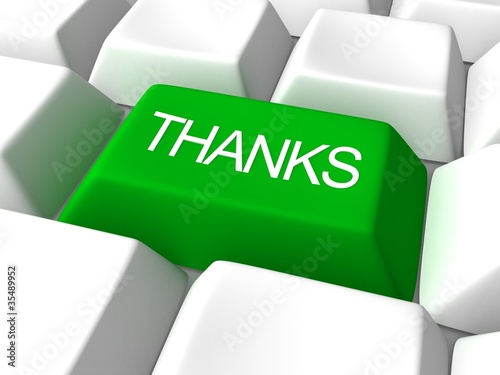 Illustration: thanks green button on white keyboard thanks green button on white keyboard
