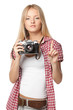 Beautiful female photographer holding old camera