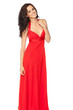 Beautiful female fashion model posing in red dress