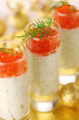 Appetizer with cream cheese and red caviar for Christmas table Appetizer with cream cheese and red caviar for Christmas table