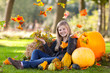 autumn girl with pumpkin and flying leaves