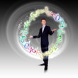 Business man juggling with numbers and symbols Business man juggling with numbers and symbols