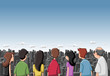 Group cartoon people looking / staring at big city Group cartoon people looking / staring at big city