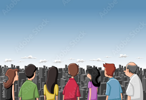 Vector: Group cartoon people looking / staring at big city Group cartoon people looking / staring at big city
