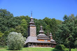 Wooden church in forest.