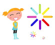School girl with rainbow pastel pencils isolated on white..