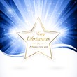 Shiny golden Merry Christmas star over blue light burst. EPS
