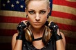 Steam punk girl against american flag.