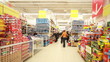 Stands with childrens goods in hypermarket