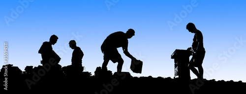 Illustration: Construction workers put shingles on a roof Construction workers put shingles on a roof
