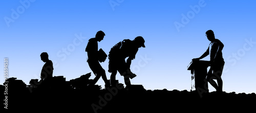 Illustration: Construction workers put shingles on a roof Construction workers put shingles on a roof