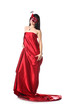 Woman wearing red dress and a mask