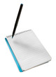 Photo: Small notepad with a flying pen isolated on white Small notepad with a flying pen isolated on white
