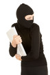 female thief in black clothes and balaclava steal documents.