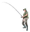 Full length portrait of a fisherman holding a fishing pole