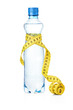 A studio shot of a yellow tape measure and a water bottle