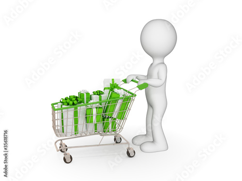 Illustration: 3d small person with shopping trolley. 3d small person with shopping trolley.