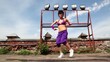 Woman performs modern dance, at background of small wall